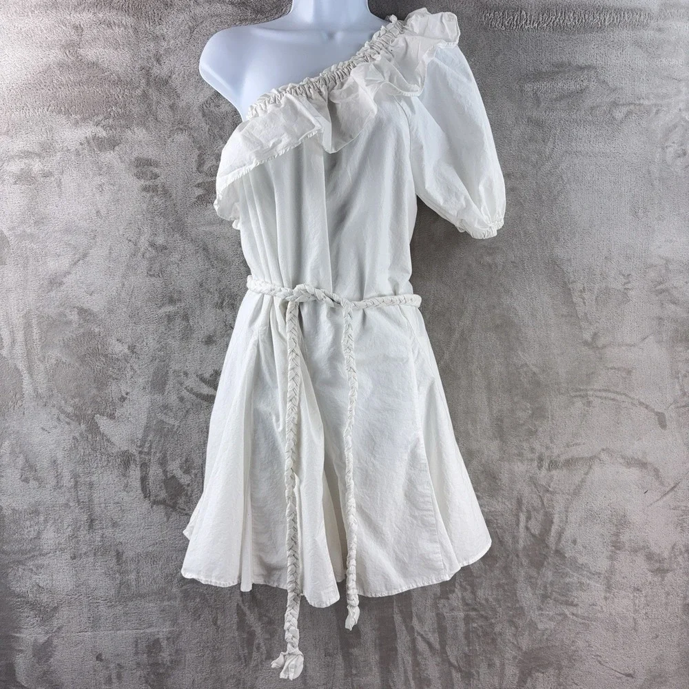 Rhode x Target Poplin One Shoulder Dress Womens‎ Medium White Ruffle Trim Belted